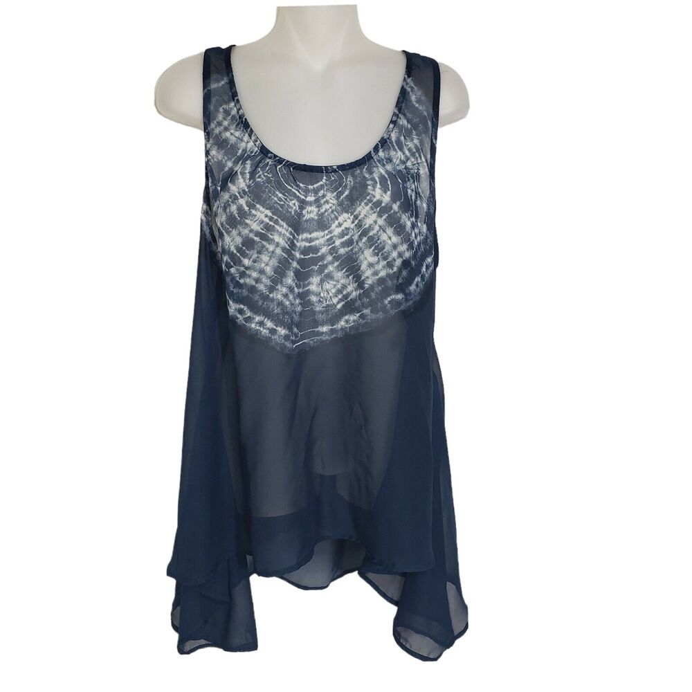 Maurices Womens Top Large Sheer Blue Tie Dye Sleeveless Shark Bite Racerback